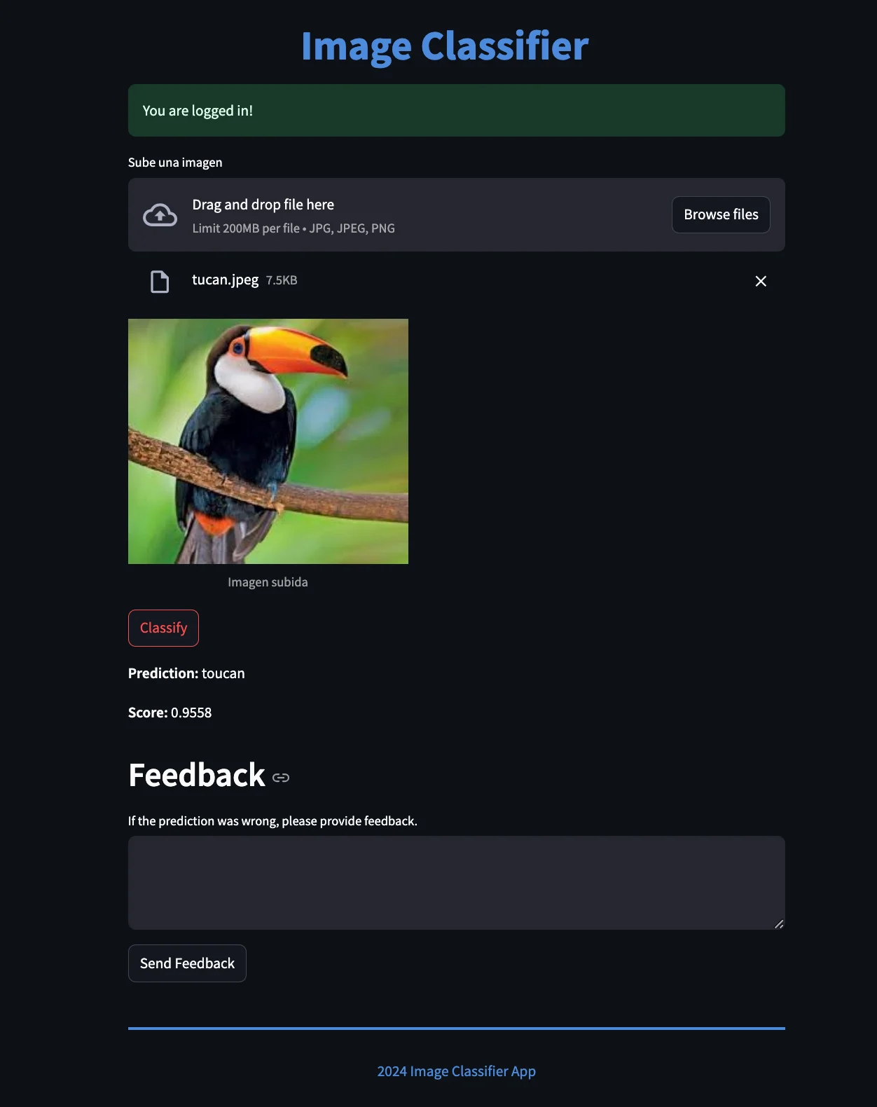 Interfaz Streamlit del clasificador con la imagen de un tucán y la predicción toucan.