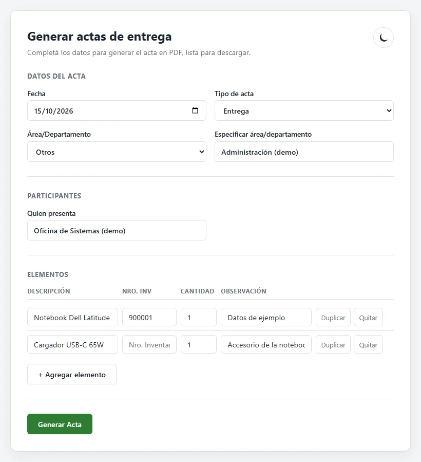 Captura real de Generador de Actas con datos de ejemplo.