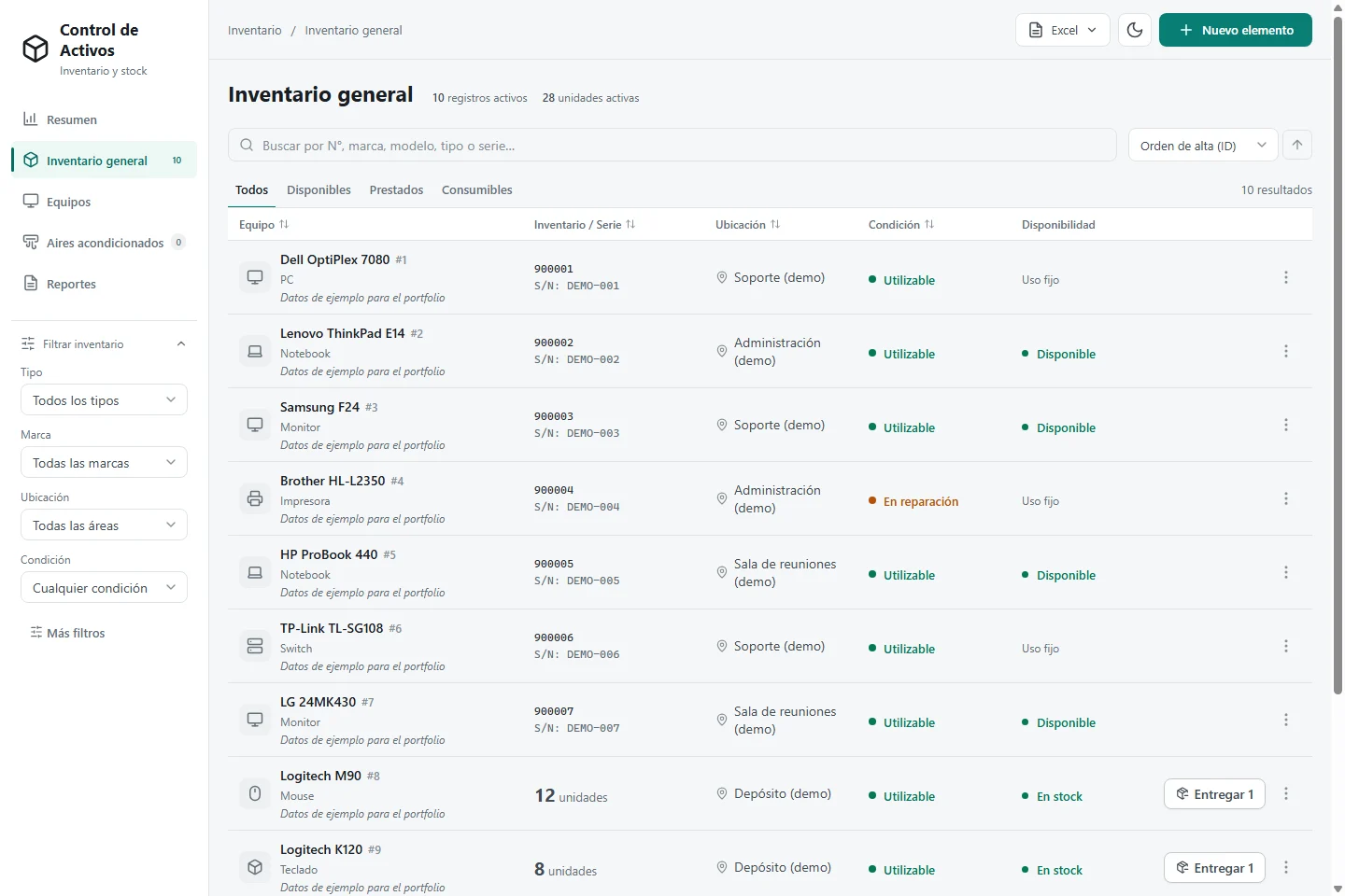 Captura real de Sistema de Inventario con datos de ejemplo.